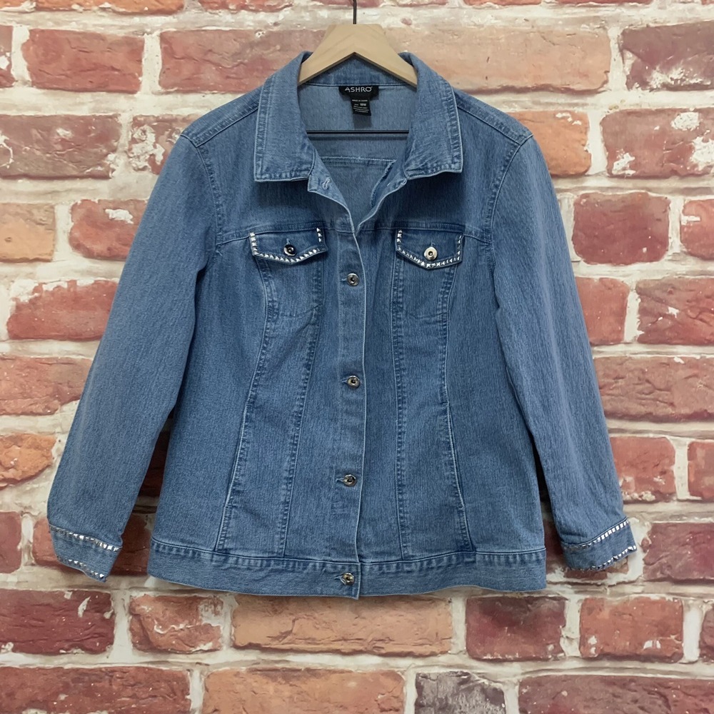 Vintage Ashro Jacket Womens 18W Blue Denim Jean Silver Studded Button Front